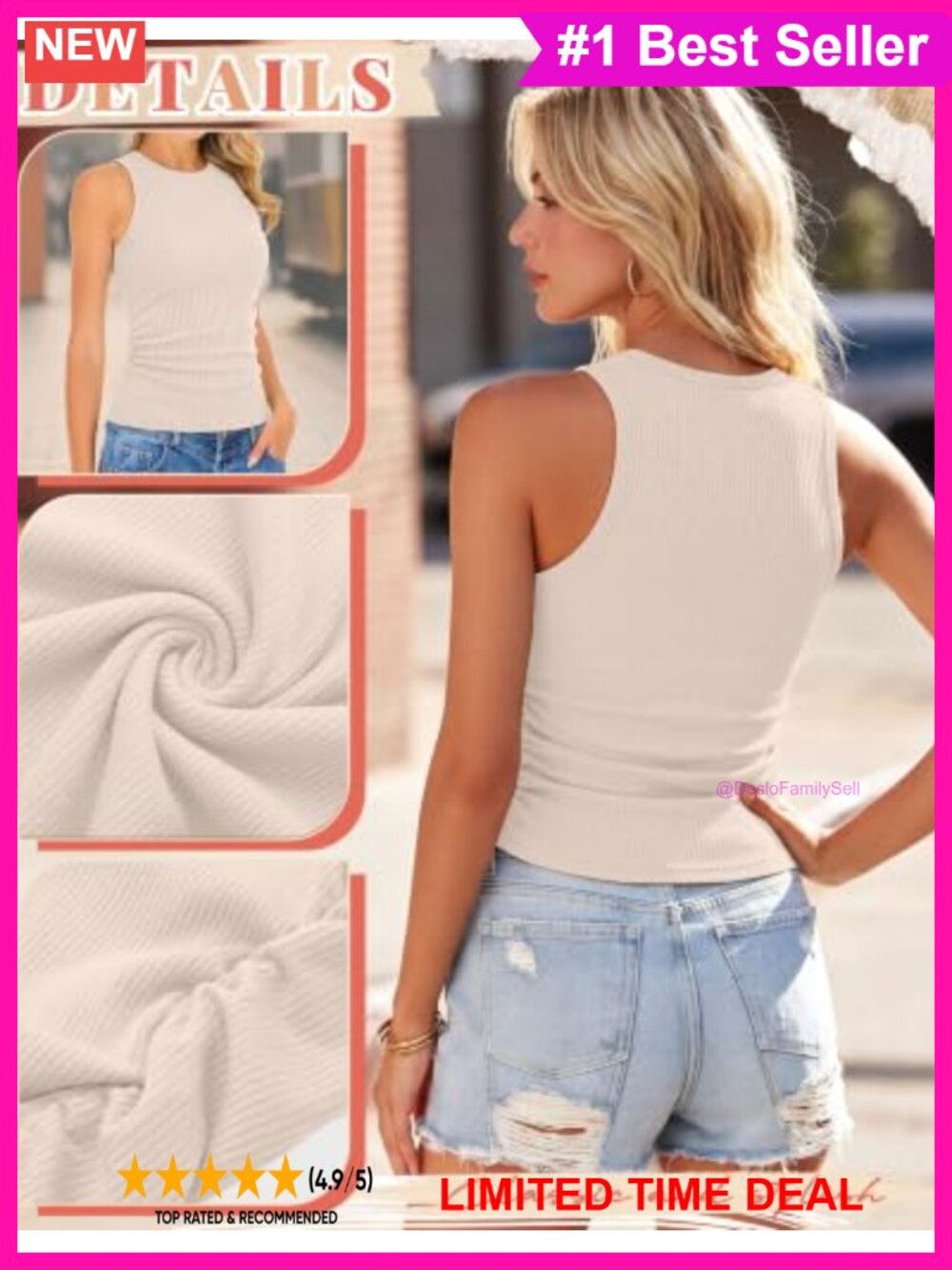 4 Pack Ribbed Cotton Tank Tops High Neck Racerback Ruching - Picture 3 of 6